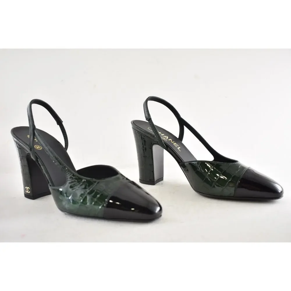Chanel 26A Green Black Crocodile Croc Coco Sling Slingback Block Heel Pump 39.5c